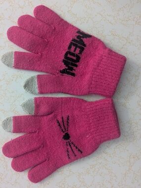 Kids Pink 'Meow' Cat Touchscreen Gloves